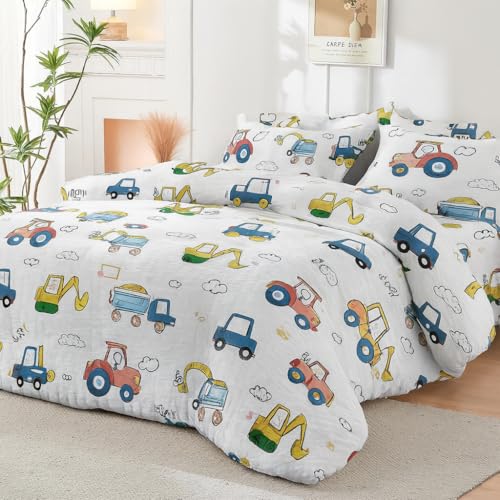 Image of Anjali Overseas 200 GSM 400 TC Kids Glace Cotton Reversible Cartoon Printed Double Bed King Size Comforter with Matching Bedsheet 90 * 100 with 2 Pillow Covers Set of 4 Pieces. Truck