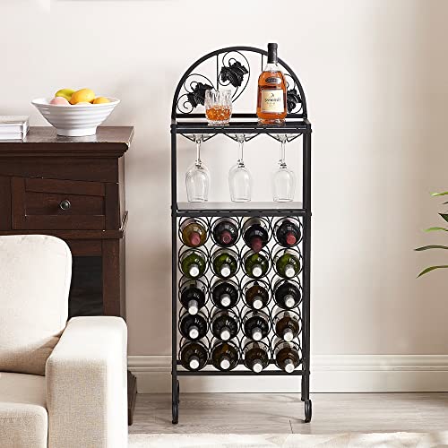 Vecelo Metal Wine Rack Hold 20 Bottles With Glasses Holder, Freestanding Floor Bar Storage & Display Shelf For Kitchen Dining Living Room, Black Glass Top #TOP2