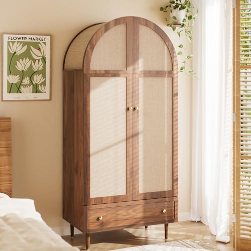 Terahanda Elegante armario con puertas de tela y cajón, patas de madera sólidas, práctico espacio de almacenamiento para ropa y accesorios, ideal para dormitorio, habitación de invitados o vestidor
