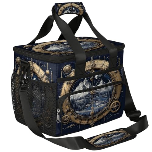 Image of Retro Compass Mountain Insulated Picnic Bag, Large Waterproof Cooler Tote for Beach & Camping, Leak-Proof Thermal Lunch Bag with Multiple Pockets, Eco-Friendly Foldable Backpack for 4 Persons