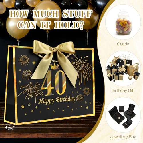 Image of JMANNI Black Gold 40th Birthday Gift Bag with Card and Tissue Paper, 12.6 inchx9.84 inchx3.9 inch Elegant Present Bag for Adults, 40 Year Old Birthday Keepsake Party Supplies