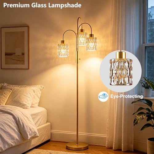 Image of 70 inch Glass Floor Lamp, 3-Light Gold Dimmable Standing Tall Lamp with Amber Ribbed Glass Shades &3PCS 3000K Warm White Bulbs, Modern Tree Pole Lamp for Living Room Bedroom Home Decor