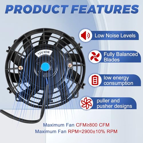 Everestway E009AS0702X2 7 Inch 7 Inch Black Universal Electric Radiator Slim Fan 12V 80W High Performance Cooling Push Pull W/Mounting Kit 2Pcs thumb #3