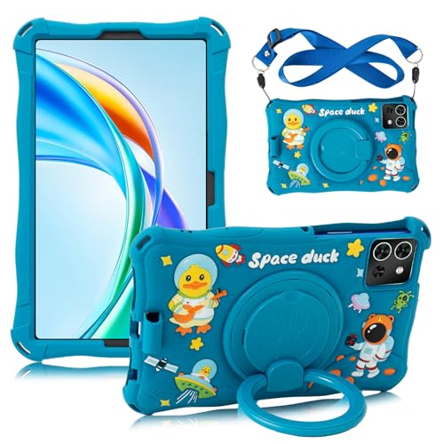 ATOOZ for Honor Pad X7 Case for Kids 8.7 Inch 2025 Carton Silicone Case for Samsung Galaxy Tab A11/A9 Tablet Lenovo Tab One Case 8.7 inch with 360 Rotate Bracket Strap & Stylus Pen (Blue)