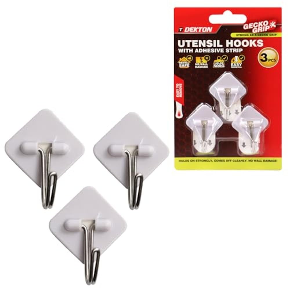 Dekton White Geckogrip Utensil Hooks 3Pc - Strong Adhesive Wall Hooks, Rental Safe, Holds Up To 500G, Easy To Apply & Remove - Ideal For Kitchen Utensils & Household Storage