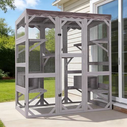 Image of 70.1'' Large Wooden Catio Outdoor Cat Enclosure, Multi-Level Cat House with Platforms, Hammock and Scratching Post, Removable Back Panel, Suitable for Backyard Patio, Fits 2-6 Cats, Grey
