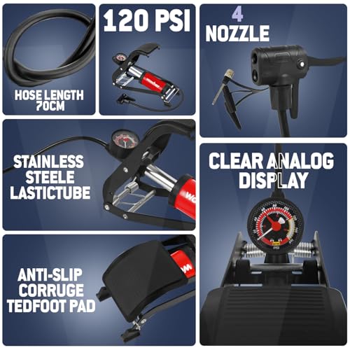 Image of Woscher StepAir Single Cylinder Foot Tyre Inflator for Car and Bike, Air Pump for Car Tyre, 120 PSI Foot Car Tyre Inflator Pump with Pressure Gauge | Cycle Pump for Bicycle | Tyre Inflator Kit