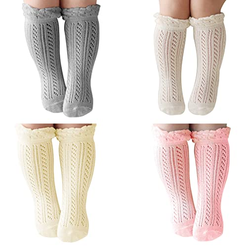 Image of ACTLATI Baby Girls Knee High Socks Hollow Out Anti-skid Knitting Stockings Suitable for 0-2 Years Infants Toddlers