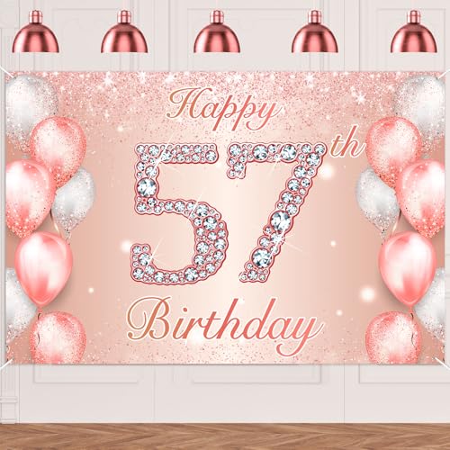 Image of Happy 57th Birthday Rose Gold Banner Cheers to 57 Years Old Backdrop Confetti Balloons Theme Decor for Women 57 Years Old Pink Birthday Party Decorations Bday Supplies Background Favors Gift Glitter