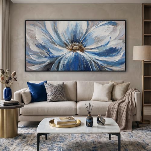 Image of Large Blue Wall Art Framed, Flower Botanical Wall Art for Living Room Bedroom, Modern Aesthetic Floral Picture Home Canvas Artwork, 29x58 Inch Black Frame Ready to Hang
