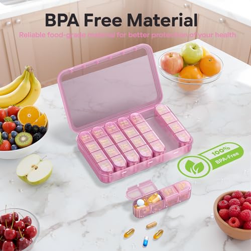 Image of Daviky Pill Organizer 4 Times a Day - Pill Box 7 Day, Weekly Medicine Pill Organizer for Travel with Removable Containers, Pill Case to Hold Daily Vitamins, Supplements and Medication (Pink Purple)