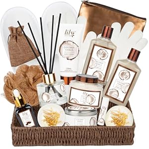 Bath and Body Gift Basket Set for Women – Coconut Vanilla Christmas Gifts for Women, Spa Gift Basket 17-Piece Bath Gift Set Self Care Gifts for Mothers Day, Fathers Day, Birthday Gifts for Her & Him