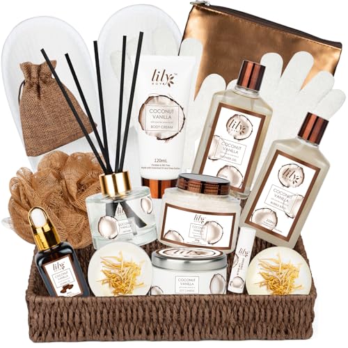 bath and body gift basket set for women - coconut vanilla christmas gifts for women spa gift basket 17-piece bath gift set self care gifts for mothers day fathers day birthday gifts for her amp him