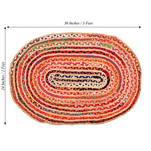 Jute Multi Chindi Oval Braided Rug, Tightly Braided Chindi And Jute Rug,Reversible,Durable,Sustainable Rug Pad, Shag Rugs For Bedroom, Floor Rug, Bedroom Rugs, Jute Kitchen Rug-24X36 Inch Multi Color #TOP1