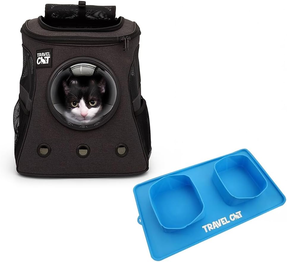 Travel Cat Collapsible Food & Water Bowl with Fat Cat Backpack Carrier – Premium Travel Bundle for Cats