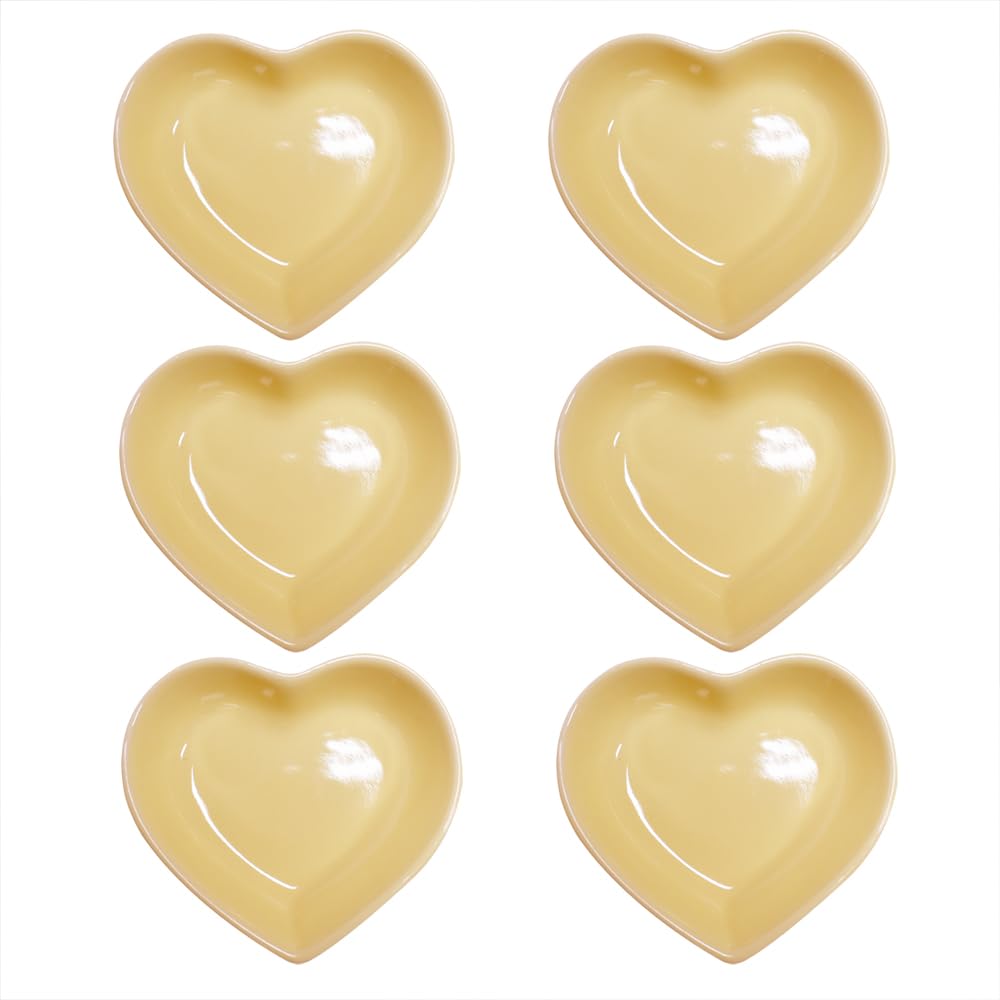 Pirhosigma 6 pcs Yellow Heart Shaped Porcelain Soy Sauce Dish Snack Bowl Ceramic Dip Dipping Bowls 1.65 oz for Dinner Baking BBQ and Cooking