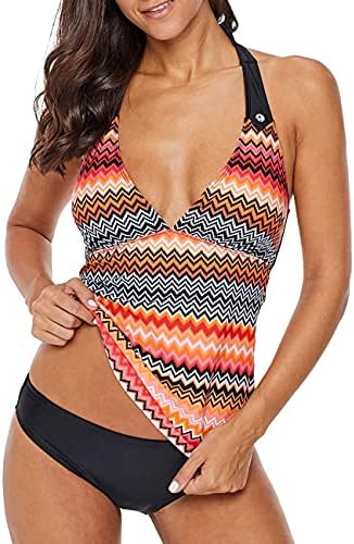 SEBOWEL Women Floral Stripe Printed V Neck Swim Top Halter Tankini Bathing Suit Tops, Orange Striped, L
