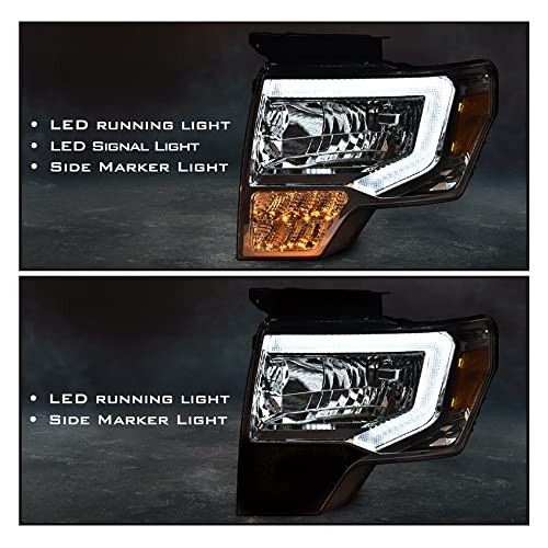 Image of G-PLUS LED Tube Headlights Assemblies Compatible with Ford F150 2009-2014 Headlamps Left Driver & Right Passenger Side Clear Lens Chrome Housing Amber Reflector