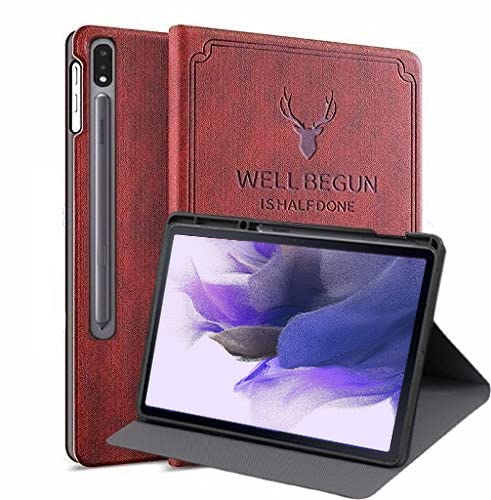 ProElite Deer Smart Flip case Cover for Samsung Galaxy Tab S8 Plus/S7 Plus/S7 FE 12.4 Inch SM-X800/X806/T970/T975/T976/T735, with S Pen Holder (Wine Red)