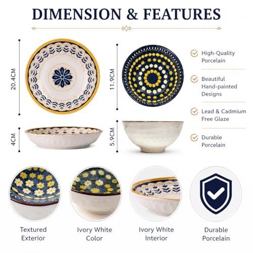 Image of 6-Piece Ceramic Dinner Set, 2 Plates & 4 Bowls, Microwave Safe, Dishwasher Safe, Floral Dinnerware (Royal Blue Floral, 2 Plate & 4 Bowl Set)