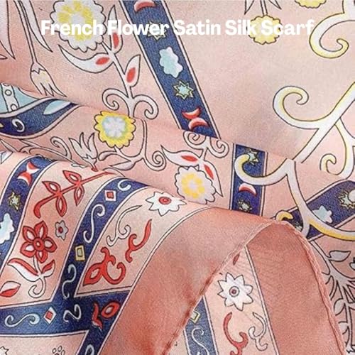 Image of BendJoy French Flower Satin Silk Scarf for Women Stylish Pink Color | Multipurpose Use | for Hair & Neck | Easy Care | Lightweight & Breathable | Smooth Hair-Friendly Fabric