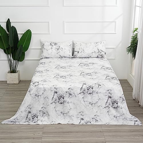 Image of Best Season Bed Sheet Set 4 Pieces -Queen Size-Soft Durable Microfiber Bedding Sheet Set,Deep Pocket,Stain,Fade & Wrinkle Resistant(White Marble)