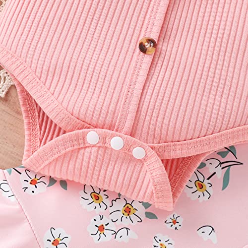 Kaipiclos Baby Infant Girl Clothes Floral Bell Bottoms Outfit Cute Solid Ribbed Cold Shoulder Tops Romper+Flare Pants Summer (A-Pink, 3-6 Months) #TOP5