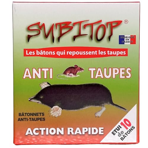 Subito Répulsif Anti-Taupes Naturel – Bâtonnets Répulsifs Fabriqués en France – Étui de 10 Bâtons – Solution Écologique et Efficace pour Éloigner Les Taupes et Campagnols du Jardin