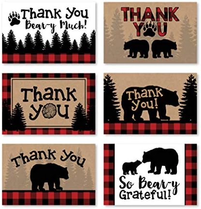 24 Bear Lumberjack Thank You Cards With Envelopes, Kids or Baby Shower Thank You Note, Rustic Zoo Animal 4x6 Varied Gratitude Card Pack For Party, Girl Boy Children Birthday, Modern Event Stationery