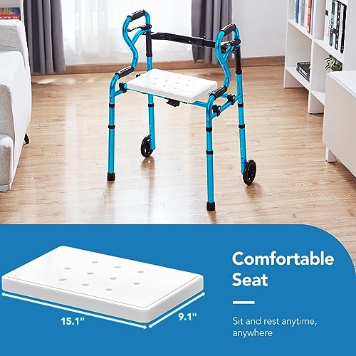 Health Line Massage Products 4 in 1 Folding Walker with Detachable Seat, Width Adjustable Folding Walkers with 5” Wheels and Extra 2 Skis, Compact Adults Walker for Seniors Support Up to 350lbs
