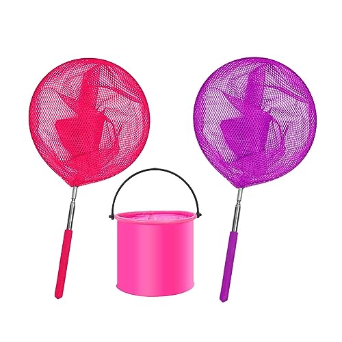 UUYYEO 2 Pcs Kids Telescoping Fishing Nets Kids Telescopic Butterfly Fishing Nets Insect Catching Nets with 1 Pcs Folding Bucket Outdoor Tools Pink and Purple