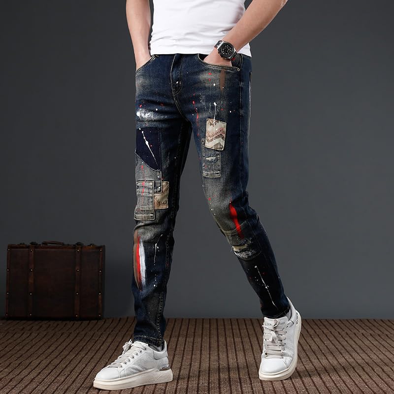 Street Men Jeans Retro Washed Blue Stretch Painted Ripped Jeans Mens Patched Hip Hop Vintage Denim Pants ​​Trousers2