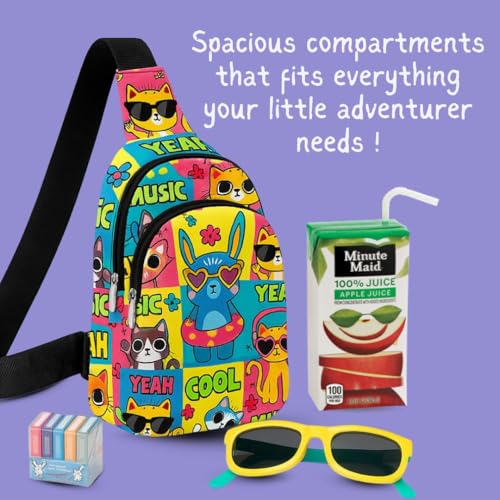 Image of Cots and Cuddles 1pc Cool Cat Print Colourful Cross body Bags for Boys and Girls Kids School, Picnic, Return Gifts, Office