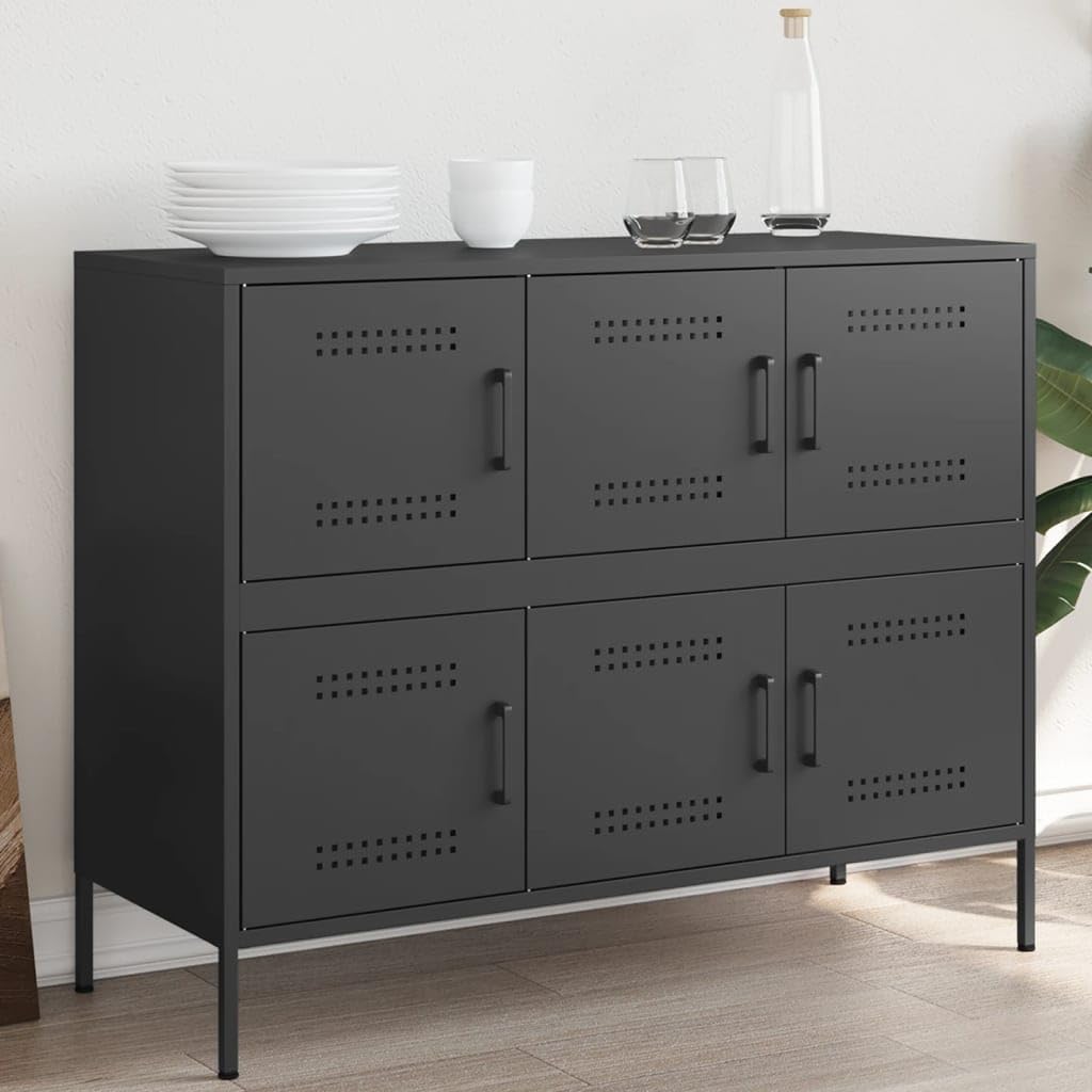 Credenza nera, 100,5 x 39 x 79 cm, armadio in metallo con 6 ante