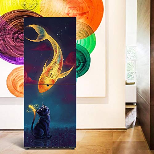 Autocollant 3D pour porte de réfrigérateur Motif chat et poisson 60 cm x 180 cm Cover