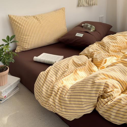 Image of Striped Duvet Cover Set Washed Cotton,Twin XL(68 inchx90 inch),Pinstripes Yellow