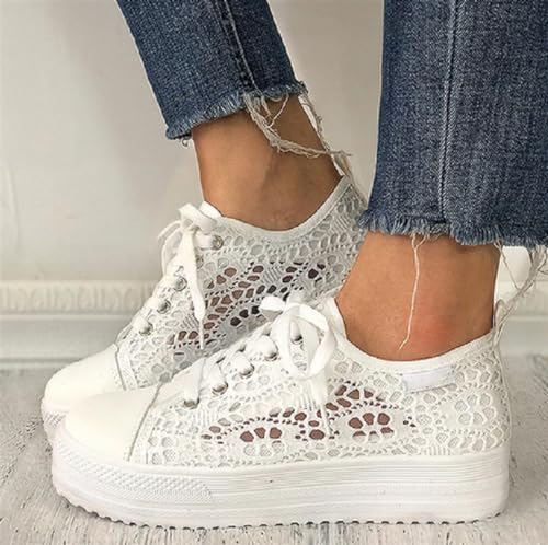 Women's Canvas Lace Mesh Sneakers Summer Lace up Breathable Low Top Shoes Round Toe Anti-Slip Platform Sneakers2