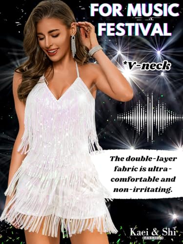 Image of Kaei&Shi Sequin Fringe Romper,Sparkly Glitter Metallic Jumpsuits For Women,Backless Shorts Dress Disco Birthday Dance Outfit