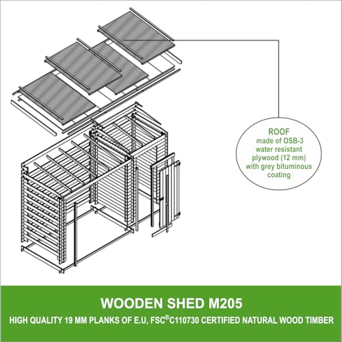 TIMBELA M205 Holz-Geräteschuppen 344x146x199 cm – Gartenhaus mit Brennholzregal, wasserfestem Dach, 3.64 m²
