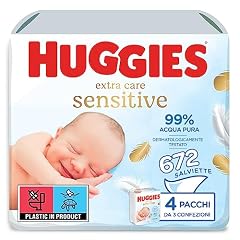 Huggies Extra Care Sensitive, Salviette neonato, 672 Salviette con 99% acqua pura e 71% fibre assorbenti naturali, 12 Confezioni da 56 Salviette