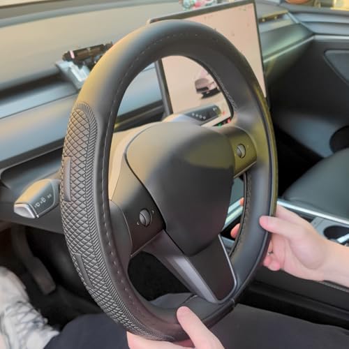 Sholer D Shape Steering Wheel Cover for Tesla Model 3 / Y, for Camaro, 14-14.25 Inch Black Leather Car Wheel Cover for Men Women