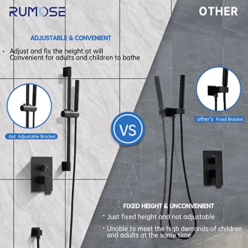 Rumose Matte Black Shower System With Adjustable Angle Slide Bar 12 Inch Square Rain Shower Head With Handheld Spray Bathroom Shower Faucet Set Modern Wall Mounted High Pressure 2 In 1 Shower Set #TOP2