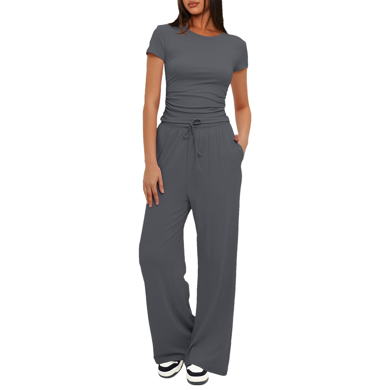 amropi Mujer Conjunto de 2 Piezas Manga Corta Camiseta Fruncida y Pantalones Anchos