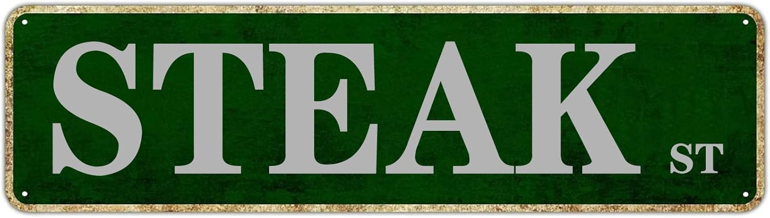 peiyeety Steak St Vintage Metal Tin Sign, 4x16 Inch Rustic Food Themed Wall Decor, Retro Sign for Home, Kitchen, Waterproof Tin Sign, Durable Wall Art
