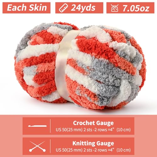 Image of 10 Pack Jumbo Chunky Yarn for Hand Knitting, Fluffy Chunky Chenille Yarn for Crocheting, Variegated Chunky Knit Baby Blanket Yarn, 240 yds /70.5 oz Super Bulky Yarn（White-Grey-Orange）