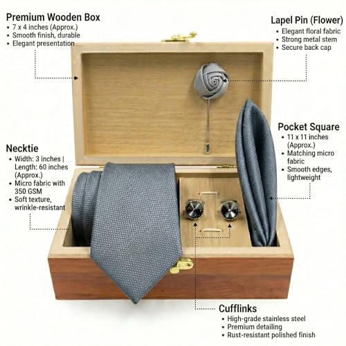 Image of Men's Necktie Gift Set with Wooden Box | Premium Tie, Pocket Square, Cufflinks & Lapel Pin | Elegant Formal Accessories Gift for Men