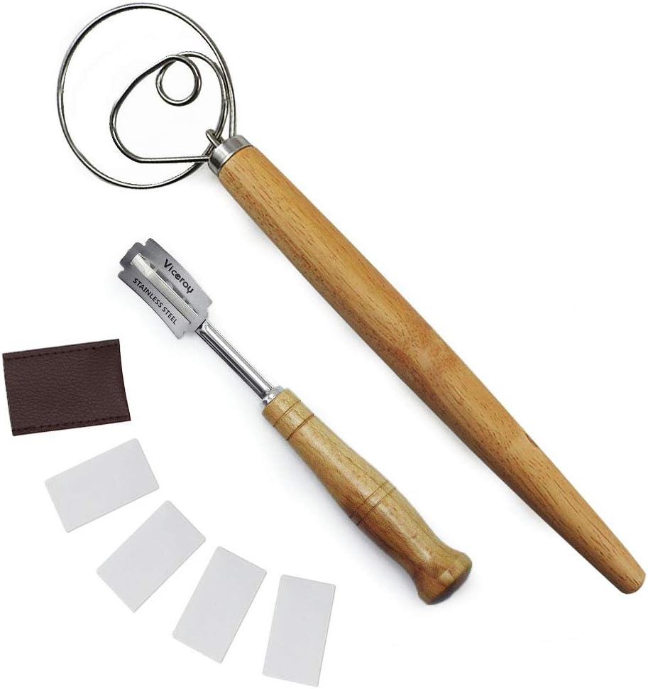 wood Bread Premium Hand Crafted Bread Lame w/ 5 Replacement Lame Bladesand and Dough Whisk set