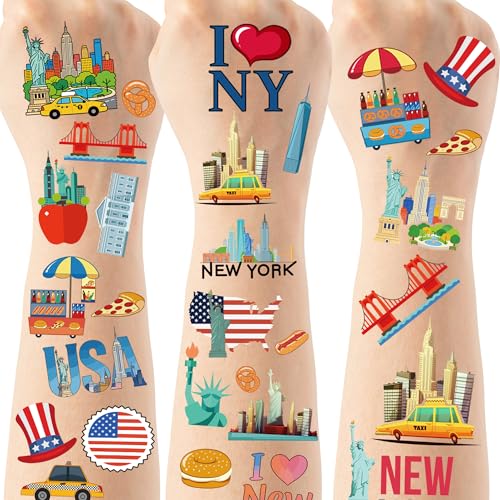 New York City Temporary Tattoos, 200+ NYC Party Decorations, Iconic USA Landmark Fake Tattoo for Tourists Adults, Empire State Travel Souvenir Accessories (8 sheets)