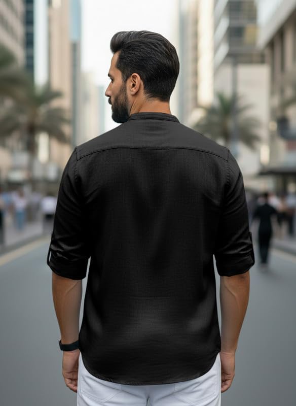 Image of Men Cotton Blend Mandarin Collar Casual Kurta Shirt | Roll-Up Sleeves | Regular Fit Ethnic Short Kurta for Daily