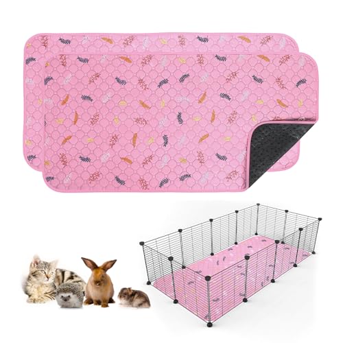 Sunheir 2 Pack Washable Guinea Pig Pee Pads, 24" x 48" Waterproof Reusable Guinea Pig Cage Liners, Absorbent Bedding Training Mat for Small Animal Guinea Pigs Rabbit Bunny Hamster - Pink